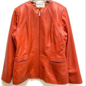 Chiche Farrace fine red leather jacket, zip up round neck, lined.